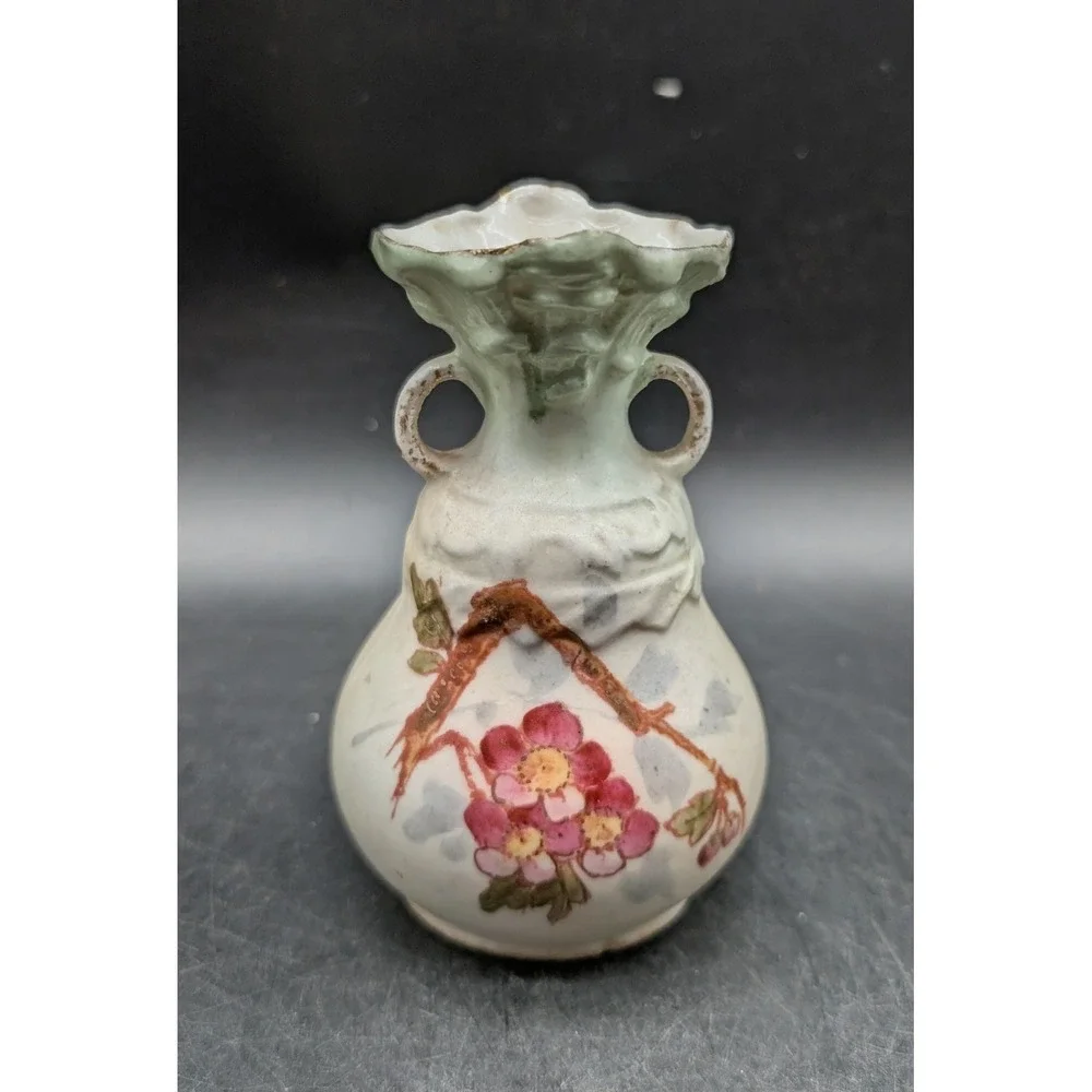 Antique Hand Painted Floral Porcelain Miniature Bud Vase Ruffled Rim 2-Handle